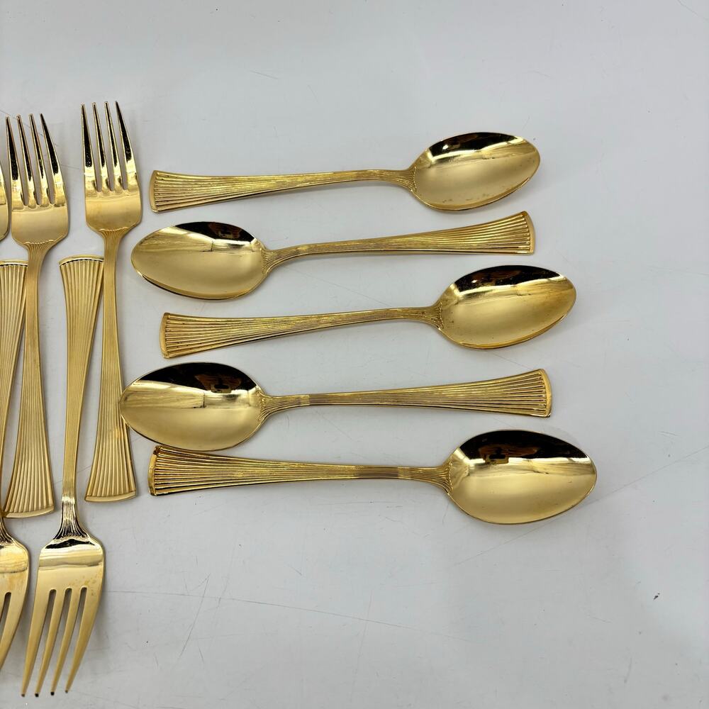 Golden Barclay Gold Tone Flatware 25 Pcs Hollywood Regency Fork Spoon - Picture 7 of 10